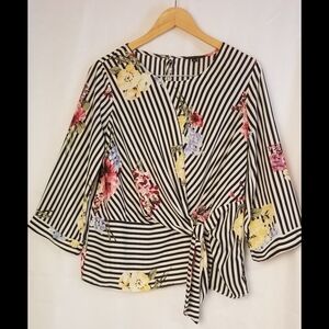 Signature Studio Black and White Striped Floral Blouse